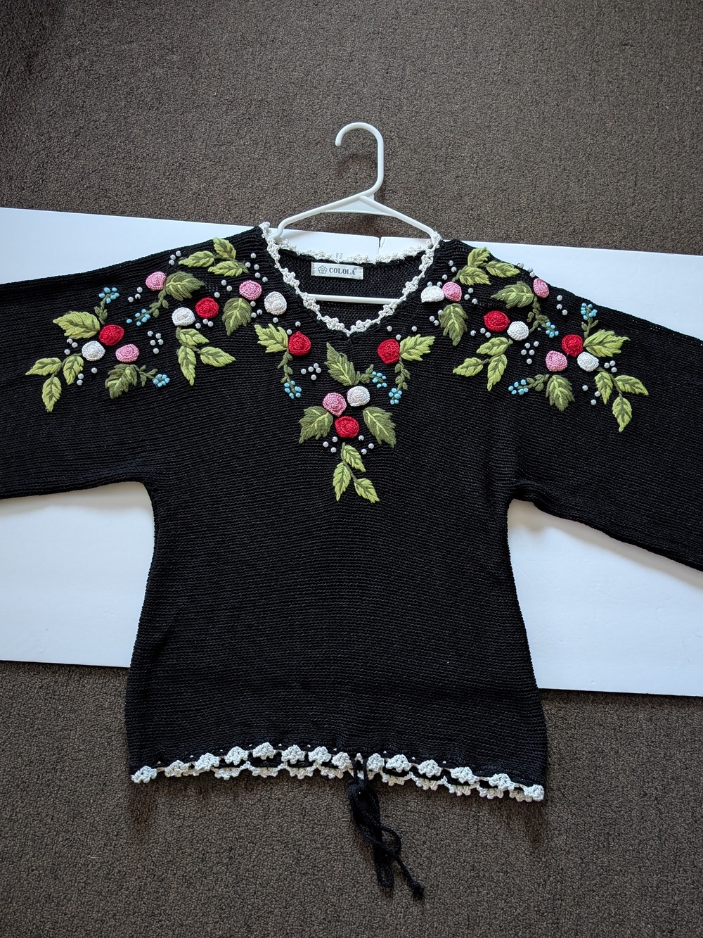 Black Floral Embroidered V-Neck Women's Sweater